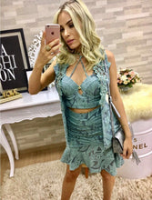 Three Pieces Set Green Print Short Skirt & Top & Vest