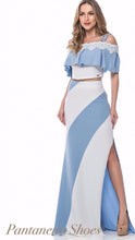 Two Pieces Set Blue White Long Skirt & Short Blouse